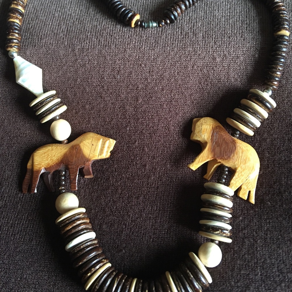 Handmade African Wood Necklace with carved animals